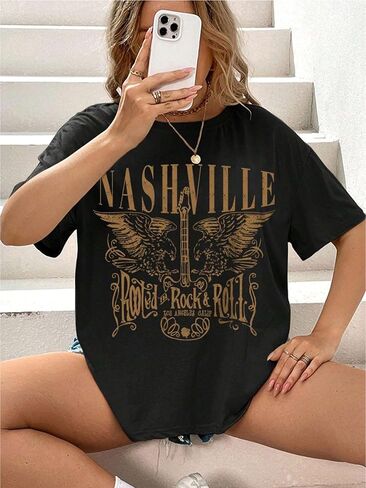 Nashville Music City T-Shirt Women Country Music Oversized Shirts Rock Band Tshirt Vintage Guitar Wings Graphic Tees in Kuwait