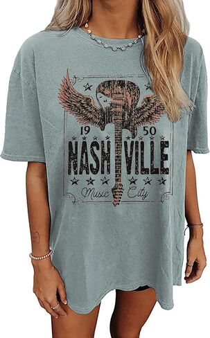 Nashville Music City T-Shirt Women Country Music Oversized Shirts Rock Band Tshirt Vintage Guitar Wings Graphic Tees in Kuwait