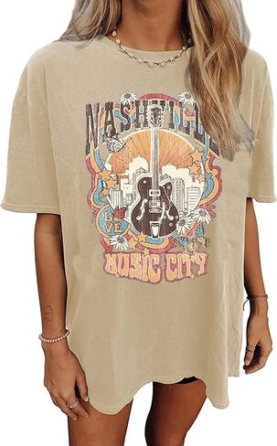 ناشفيل ميوزيك سيتي تي شيرت نسائي موسيقى الريف قمصان كبيرة الحجم لفرقة الروك تي شيرت عتيق بأجنحة الجيتار تي شيرت جرافيك in Kuwait
