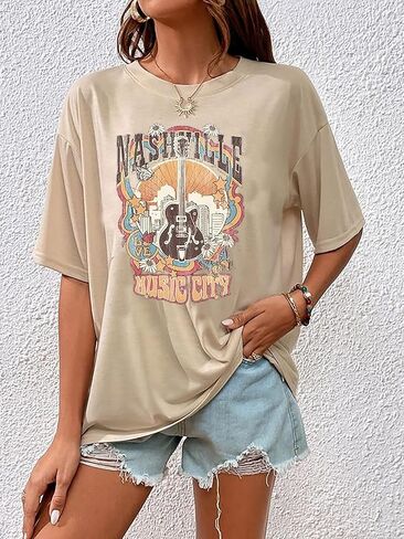ناشفيل ميوزيك سيتي تي شيرت نسائي موسيقى الريف قمصان كبيرة الحجم لفرقة الروك تي شيرت عتيق بأجنحة الجيتار تي شيرت جرافيك in Kuwait