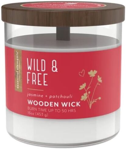 Essential Elements by Candle-lite Scented Jar Candles, Jasmine & Patchouli Fragrance, 16 oz Single Wooden Wick Aromatherapy Candle with 50 Hours of Burn Time, Holiday Gifting, and Celebration in Kuwait