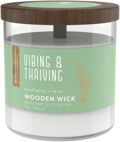 Essential Elements by Candle-lite Scented Jar Candles, Jasmine & Patchouli Fragrance, 16 oz Single Wooden Wick Aromatherapy Candle with 50 Hours of Burn Time, Holiday Gifting, and Celebration in Kuwait