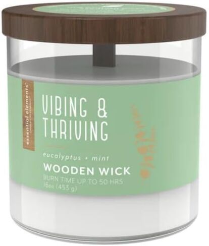 Essential Elements by Candle-lite Scented Jar Candles, Jasmine & Patchouli Fragrance, 16 oz Single Wooden Wick Aromatherapy Candle with 50 Hours of Burn Time, Holiday Gifting, and Celebration in Kuwait