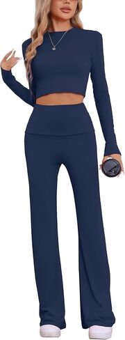 cheibear Womens Lounge Sets Long Sleeve Crop Top Foldover Flare Pants Casual Pajama 2 Piece Outfits in Kuwait