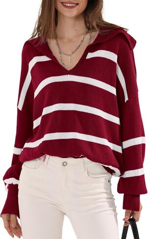 Womens Oversized Sweaters 2024 Fall Winter Striped Color Block V Neck Long Sleeve Knit Pullover Sweater Tops in Saudi Arabia