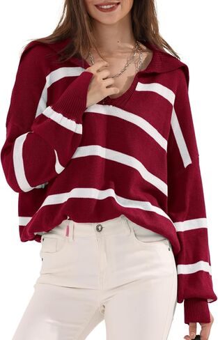 Womens Oversized Sweaters 2024 Fall Winter Striped Color Block V Neck Long Sleeve Knit Pullover Sweater Tops in Saudi Arabia