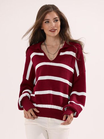 Womens Oversized Sweaters 2024 Fall Winter Striped Color Block V Neck Long Sleeve Knit Pullover Sweater Tops in Saudi Arabia