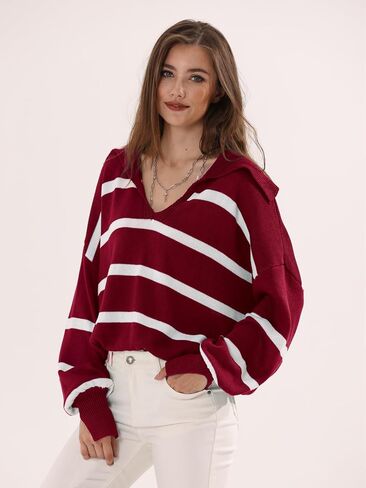 Womens Oversized Sweaters 2024 Fall Winter Striped Color Block V Neck Long Sleeve Knit Pullover Sweater Tops in Saudi Arabia
