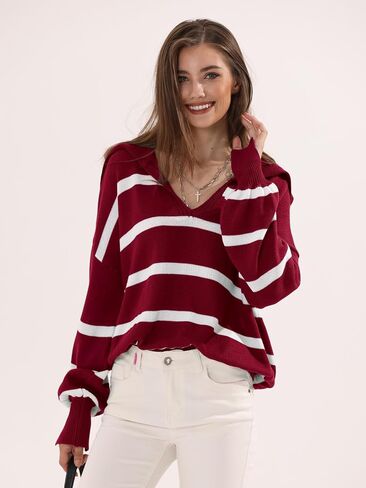 Womens Oversized Sweaters 2024 Fall Winter Striped Color Block V Neck Long Sleeve Knit Pullover Sweater Tops in Saudi Arabia