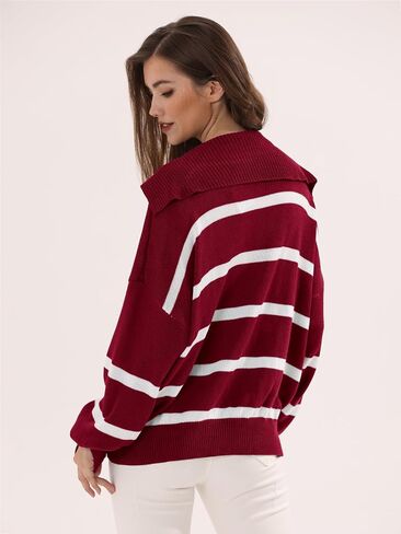 Womens Oversized Sweaters 2024 Fall Winter Striped Color Block V Neck Long Sleeve Knit Pullover Sweater Tops in Saudi Arabia