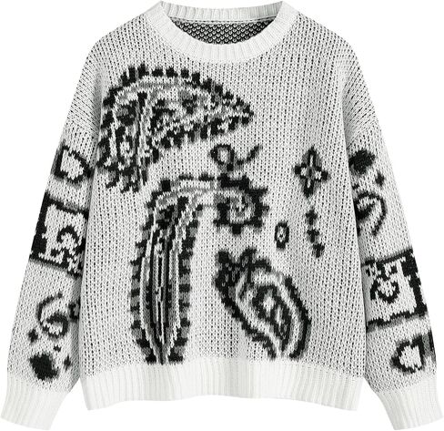 ZAFUL Womens Sweater Long Sleeve Crewneck 2024 Fashion Print Cute Oversized Chunky Knit Pullover Blouse Tops Jumpers in Saudi Arabia
