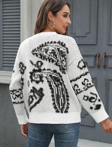 ZAFUL Womens Sweater Long Sleeve Crewneck 2024 Fashion Print Cute Oversized Chunky Knit Pullover Blouse Tops Jumpers in Saudi Arabia