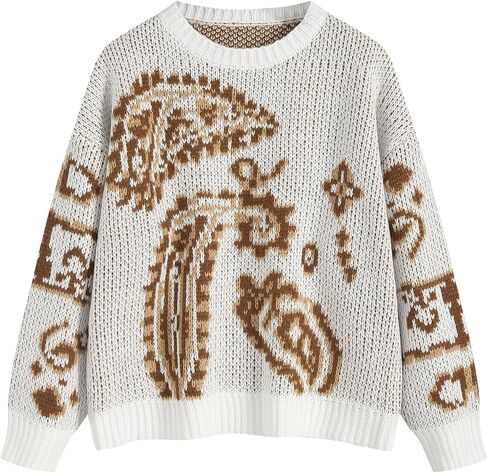 ZAFUL Womens Sweater Long Sleeve Crewneck 2024 Fashion Print Cute Oversized Chunky Knit Pullover Blouse Tops Jumpers in Saudi Arabia