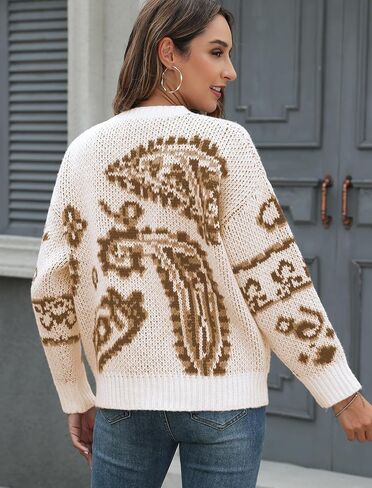 ZAFUL Womens Sweater Long Sleeve Crewneck 2024 Fashion Print Cute Oversized Chunky Knit Pullover Blouse Tops Jumpers in Saudi Arabia