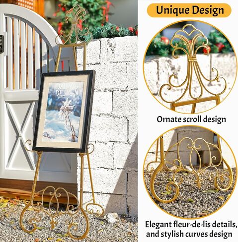 Gold Easel Stand for Sign, Adjustable Height Metal Easel Display Stand with Chain Support, Heavy Duty Easel for Sign, Wedding, Picture Frame, Mirror. (No Installation Required) in Kuwait