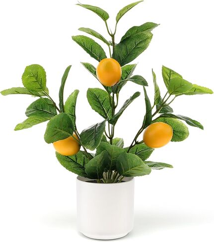 14.2 Inch Artificial Lemon Fruit Plants Potted Indoor Decoration Fake Lemon Tree Realistic Faux branche with White Pot for Kitchen Home Farmhouse Tabletop Shelf in Saudi Arabia