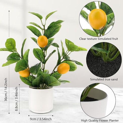 14.2 Inch Artificial Lemon Fruit Plants Potted Indoor Decoration Fake Lemon Tree Realistic Faux branche with White Pot for Kitchen Home Farmhouse Tabletop Shelf in Saudi Arabia