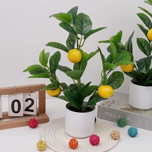 14.2 Inch Artificial Lemon Fruit Plants Potted Indoor Decoration Fake Lemon Tree Realistic Faux branche with White Pot for Kitchen Home Farmhouse Tabletop Shelf in Saudi Arabia