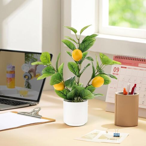 14.2 Inch Artificial Lemon Fruit Plants Potted Indoor Decoration Fake Lemon Tree Realistic Faux branche with White Pot for Kitchen Home Farmhouse Tabletop Shelf in Saudi Arabia