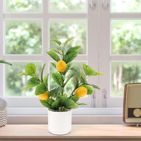 14.2 Inch Artificial Lemon Fruit Plants Potted Indoor Decoration Fake Lemon Tree Realistic Faux branche with White Pot for Kitchen Home Farmhouse Tabletop Shelf in Saudi Arabia