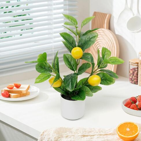 14.2 Inch Artificial Lemon Fruit Plants Potted Indoor Decoration Fake Lemon Tree Realistic Faux branche with White Pot for Kitchen Home Farmhouse Tabletop Shelf in Saudi Arabia