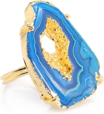 Ring Geode Druzy Slice Unique And Stylish Statement Gold Plated Jewelry Natural Gemstone Stone size 25-35 mm Approximately Adjustable Shank US Scale Size 6-9 in Kuwait