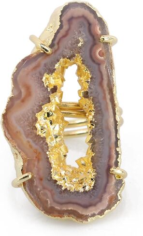 Ring Geode Druzy Slice Unique And Stylish Statement Gold Plated Jewelry Natural Gemstone Stone size 25-35 mm Approximately Adjustable Shank US Scale Size 6-9 in Kuwait