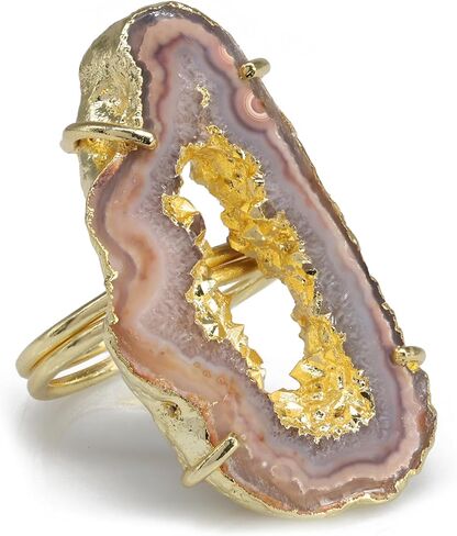 Ring Geode Druzy Slice Unique And Stylish Statement Gold Plated Jewelry Natural Gemstone Stone size 25-35 mm Approximately Adjustable Shank US Scale Size 6-9 in Kuwait