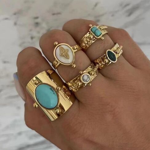 HIIXHC Chunky Gold Rings for Women - Adjustable Stackable Fashion Ring, Gold Plated Statement Knuckle Handmade Gemstone Gothic Vintage Rings for Teen Girls in Saudi Arabia