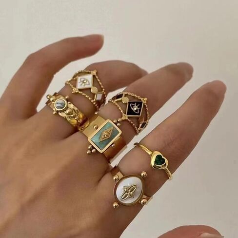 HIIXHC Chunky Gold Rings for Women - Adjustable Stackable Fashion Ring, Gold Plated Statement Knuckle Handmade Gemstone Gothic Vintage Rings for Teen Girls in Saudi Arabia
