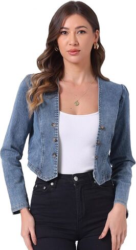 Allegra K Collarless Jackets for Women's Denim Double Breasted Crop Open Front Cardigan in Saudi Arabia