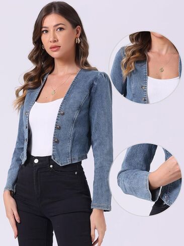 Allegra K Collarless Jackets for Women's Denim Double Breasted Crop Open Front Cardigan in Saudi Arabia