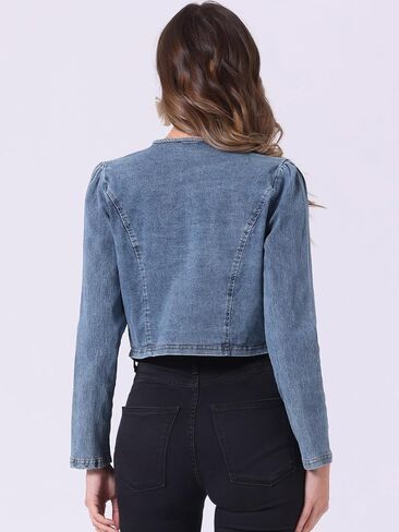 Allegra K Collarless Jackets for Women's Denim Double Breasted Crop Open Front Cardigan in Saudi Arabia