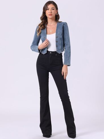 Allegra K Collarless Jackets for Women's Denim Double Breasted Crop Open Front Cardigan in Saudi Arabia
