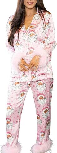 Aopwsrlyi Christmas Pajama Sets for Women Feather Trim Long Sleeve Button Down Shirt and Pants 2 Piece Pjs Plaid Sleepwear in Kuwait
