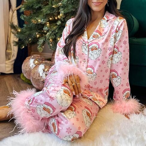 Aopwsrlyi Christmas Pajama Sets for Women Feather Trim Long Sleeve Button Down Shirt and Pants 2 Piece Pjs Plaid Sleepwear in Kuwait