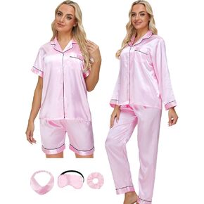 MORFORU Women's Satin Silky Pajamas Set 7 Piece Button Down Sleepwear Loungewear with Eye Mask, Hairband, Hair tie