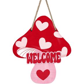 Deroro Welcome Valentines Day Mushroom Front Door Sign, Red Love Heart Wood Door Hanger Outdoor Outside Porch Decor, Anniversary Wedding Wooden Wreath Indoor Wall Hanging Decoration