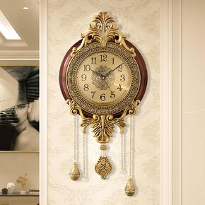Large Retro Wall Clock with Swinging Pendulum Royal Line Silent High-end Luxury Metal Wood Mid Century Vintage Style Clock