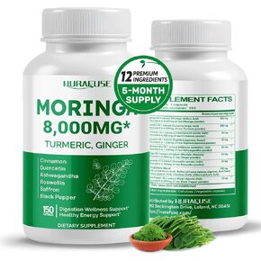 Moringa 8,000mg 12-in-1 Supplement with Turmeric Cinnamon Quercetin Ashwagandha Ginger Boswellia Nettle Saffron Tart Cherry Garlic - Made in The USA