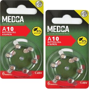 MEDca A10 Batteries - 12 Count Pack - 1.45V Zinc Air Yellow Tab Battery Button Coin Cell Batteries for Hearing Aids and Hearing Amplifiers, 10, P10, PR70, or ZL4