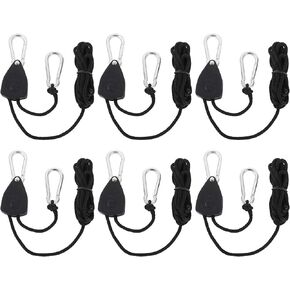 MIVIDE 6 Pack Adjustable Grow Light Hanger 1/8 Inch 6.6 FT Heavy Duty Rope Ratchet Hanger with M5 Iron Galvanized Carabiner,Reinforced Metal Internal Gears Ratchets 150lbs Capacity, Black