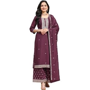 TRENDMALLS Vichitra Silk Embroidery Sequins Work Kurta Palazzo Set with Dupatta Kurta Set for Women