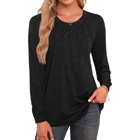 Agnes Urban Long Sleeve Shirts for Women Fall Tops Dressy Casual Blouses Crew Neck Pleated Loose Trendy Tunic Tops
