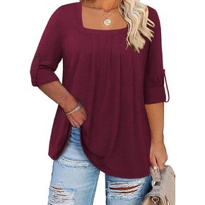 Kancystore Women's Plus Size Tops Square Neck Roll Up Long Sleeve Fall Shirts Pleated Tunic Blouses Burgundy 4X in Saudi Arabia