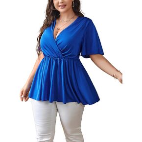 SCOMCHIC Women's Plus Size Summer Tops Deep V Neck Short Sleeve Shirt Elastic Waist Peplum Wrap Dressy Tunic Blouse