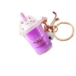 Purple Keychain Milk Tea Cup Key Ring,Cartoon Cat Car Keychain Mini Milk Tea Cup Liquid Crystal Sequin Key Ring Bag Pendant