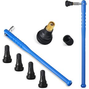 5 Pieces Tire Repair Kit, 1 Valve Core Removal Tool Tire Valve Stem Puller No Scratch Strength Blue Plastic Tire Valve Tool 4 TR412 Rubber Snap-in Black Tire Valve Stems for Standard Vehicle Tires