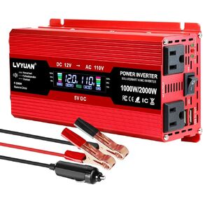 LVYUAN 1000W Car Power Inverter 12V to 110V DC to AC with 2 US Sockets, Cigarette Lighter, LCD Display, USB Ports for Car, Home,Outdoor, Camping