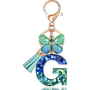 Initial Letter Keychains with Butterfly Tassel, Blue Alphabet Key Chains Pendant Key Ring for Wallet Backpacks Bag Handbags